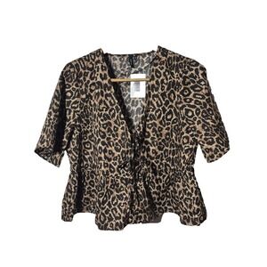 Vero Moda Blouse Womens XL Brown Black‎ Leopard VMLMIRA Tie Peplum Top V-Neck